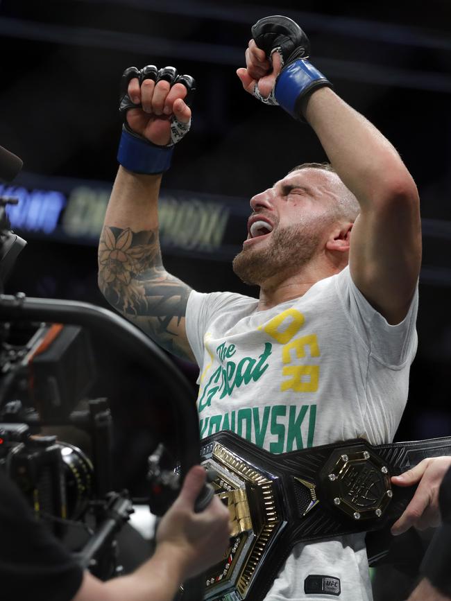 Volkanovski gets strapped. Picture: Steve Marcus/Getty/AFP