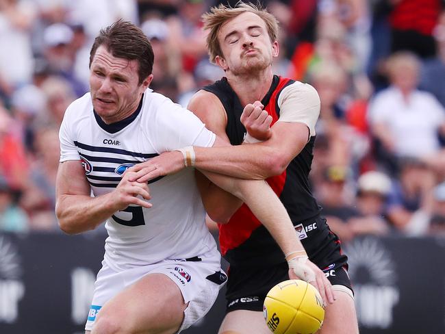 Marty Gleeson (right) knows what it takes to play in big-time matches, having bumped with some of the AFL’s best including Patrick Dangerfield. Pic : Michael Klein