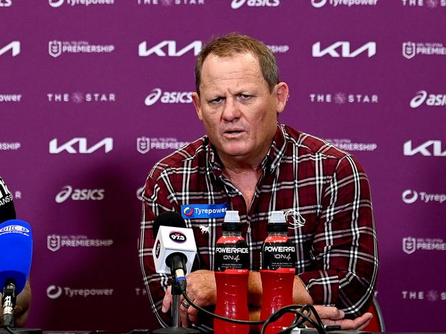 BRISBANE, AUSTRALIA - MARCH 24: Broncos coach Kevin Walters and Adam Reynolds of the Broncos speak after the round four NRL match between the Dolphins and Brisbane Broncos at Suncorp Stadium on March 24, 2023 in Brisbane, Australia. (Photo by Bradley Kanaris/Getty Images)