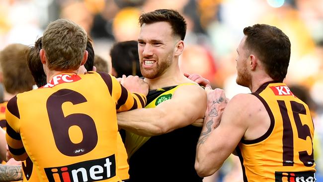 Noah Balta and James Sicily get to know each other. Picture: Josh Chadwick/AFL Photos/via Getty Images