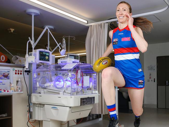 Western Bulldogs footballer Tiarna Ernst at her workplace in Geelong Hospital. Picture: Ian Currie