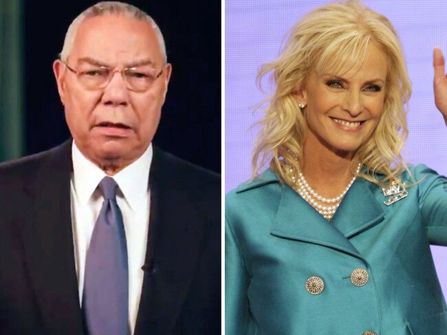 Colin Powell appeared on screen at the Democrats' virtual national convention, while Cindy McCain, John McCain's widow, voiced a video. Picture: