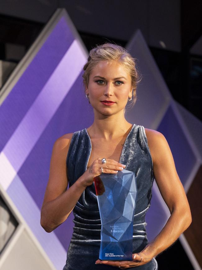 race Tame with her Australian of The Year Award at the The 2021 Australian of the Year Awards ceremony at the National Arboretum in Canberra. Picture: NCA NewsWire / Martin Ollman