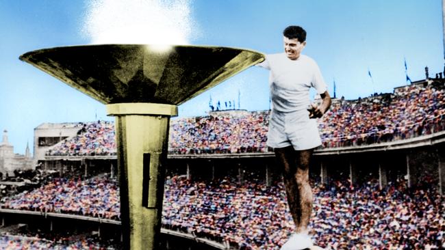 Ron Clarke lighting the Olympic flame at the 1956 Melbourne Olympics.<br/>                        <br/>                        <br/>