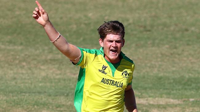 Cahill celebrates a wicket for Australia during last year’s U19 World Cup. Picture: Michael Steele-ICC/ICC via Getty Images