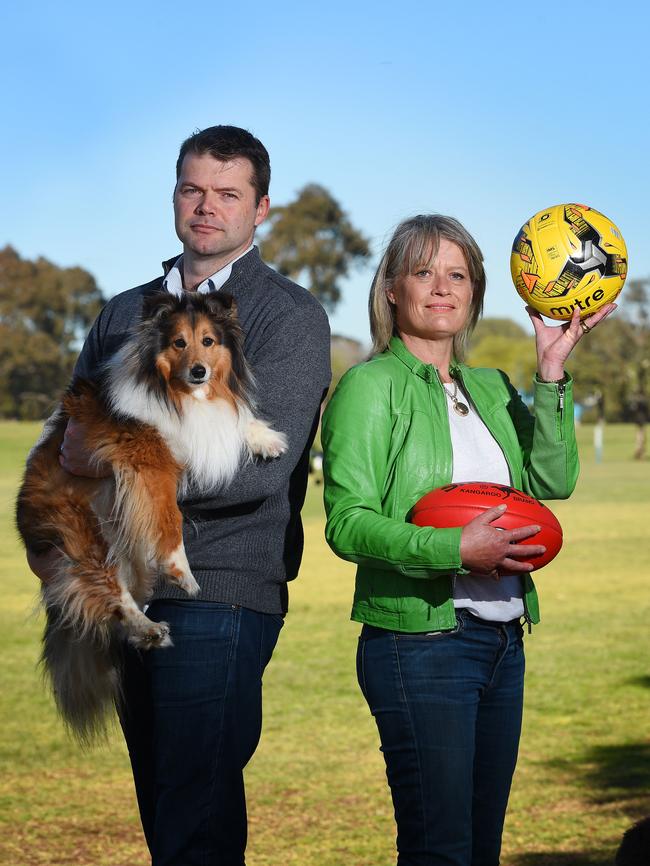 Friends of Elsternwick Park South’s Tim Wood (with his dog Baxter) is against the plan while Felicity Frederico is for the plan. Picture: Josie Hayden