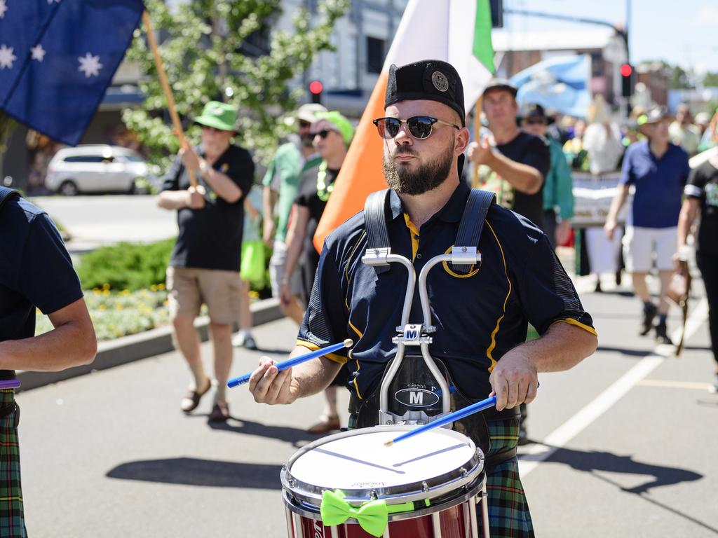 Lachlan Andrews of the Toowoomba Caledonian Society Pipe Band in the Darling Downs Irish Club St Patrick's Day parade, Sunday, March 16, 2025. Picture: Kevin Farmer