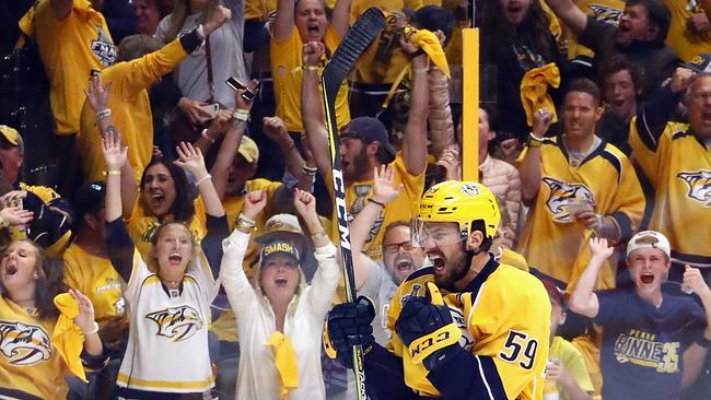 Roman Josi #59 of the Nashville Predators celebrates after scoring a second-period goal.