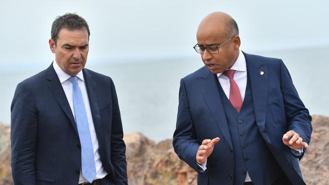 Premier Steven Marshall with GFG executive chairman Sanjeev Gupta in Whyalla in 2018. Picture: AAP Image/David Mariuz