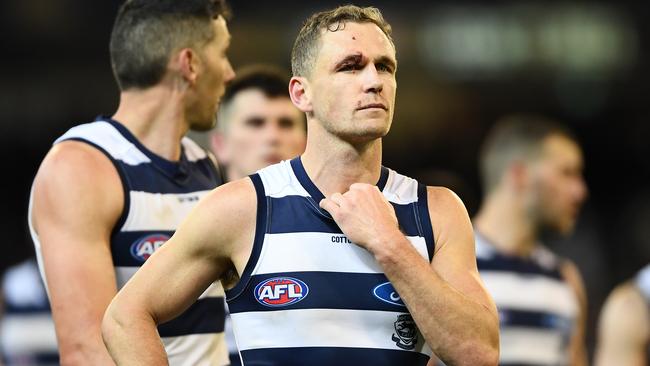 A bloodied Joel Selwood after the loss. Picture: Getty Images