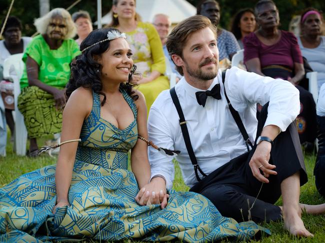 Miranda Tapsell and Gwilym Lee in a scene from the movie Top End Wedding. Supplied by Universal Pictures.