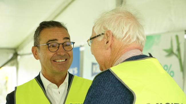 Premier Steven Marshall and Michael Scanlon, a former Kimberly Clark Australia employee who retired in September after 58 years at the Millicent Mill. Picture: Jessica Ball