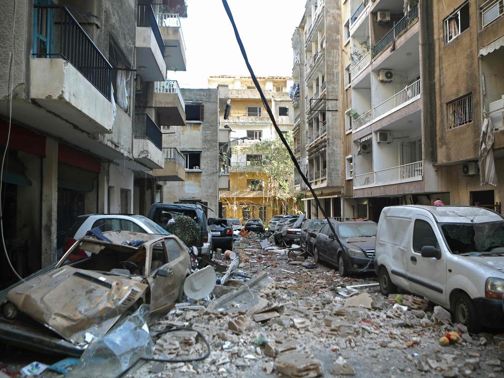 Cars and buildings of Beirut neighbourhood Mar Mikhael were hit by the blast. Picture: Patrick Baz/AFP