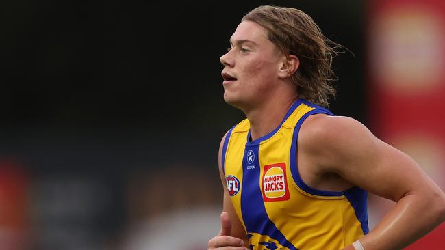 PERTH, AUSTRALIA - FEBRUARY 24: Harley Reid of the Eagles looks on during an AFL practice match between West Coast Eagles and Fremantle Dockers at Mineral Resources Park on February 24, 2024 in Perth, Australia. (Photo by Will Russell/Getty Images)