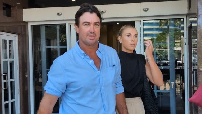 Outback Wrangler Matt Wright leaving the Supreme Court of the Northern Territory at Darwin alongside his wife Kaia. Picture: Zizi Averill