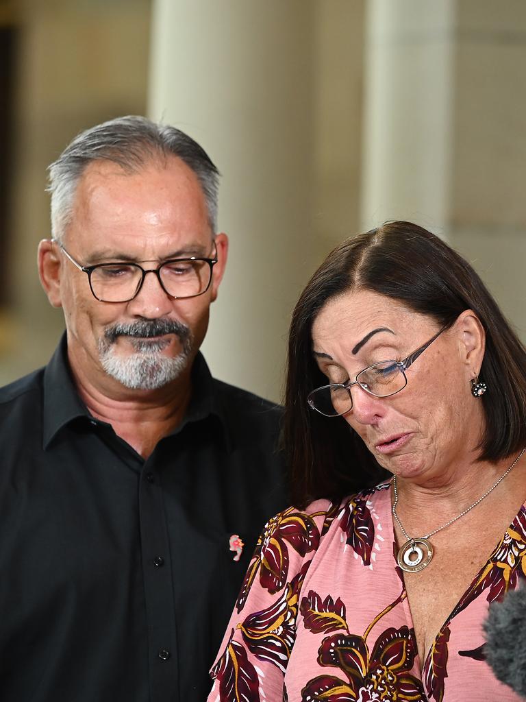 Hannah’s parents Lloyd and Sue Clarke speak to the media after “Hannah’s law” was passed on Wednesday. Picture: NCA NewsWire / John Gass