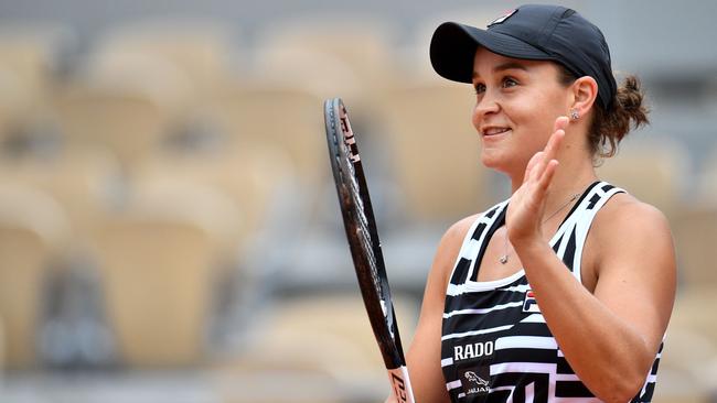 Australia's Ash Barty acknowledges the crowd after advancing to the semi-finals at Roland Garros. Picture: AFP