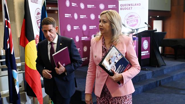 Queensland Premier Annastacia Palaszczuk (right) and Treasurer Cameron Dick leave after giving a press conference on the 2023/24 state budget. Picture: Dan Peled / NCA NewsWire