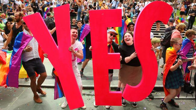 Yes supporters celebrate their win in the Same-Sex Marriage Postal survey last November.