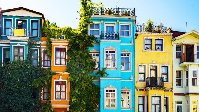 Brightly painted houses in Balat, Istanbul, Turkey.