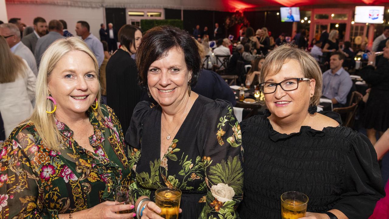 At the Toowoomba Rugby League gala presentation night 2022 are (from left) Amanda O'Halloran, Jackie Stephson and Deb Green at Clive Berghofer Grande Atrium Clifford Park, Friday, September 9, 2022. Picture: Kevin Farmer