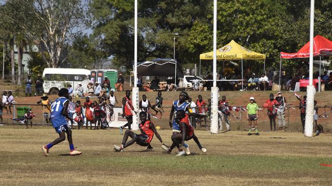 Players in action during the Tiwi Island Football League grand final between Tuyu Buffaloes and Pumarali Thunder. Picture: Max Hatzoglou
