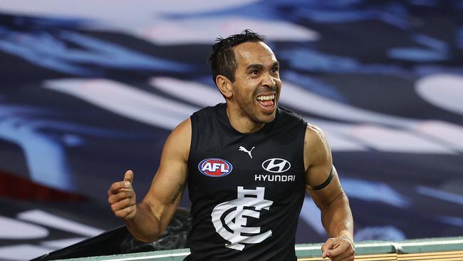 AFL Round 6. Carlton vs Western Bulldogs at Metricon Stadium, Gold Coast. 12/07/2020. Eddie Betts of the Blues celebrates his goal late in the second quarter. Pic: Michael Klein