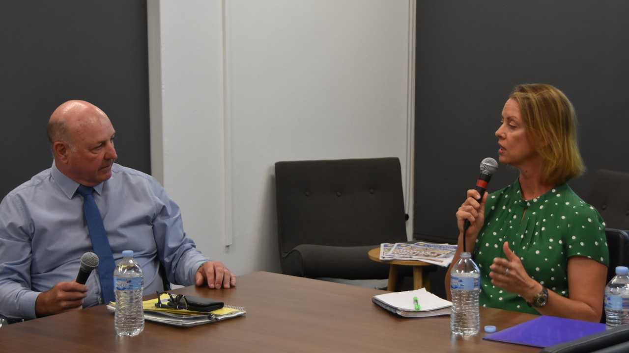 Division 9 candidate Maria Suarez makes a point to fellow candidate Daren Edwards at a Sunshine Coast Daily election forum. Picture: Stuart Cumming