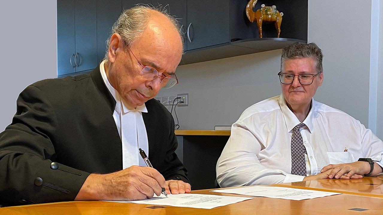 NT Supreme Court acting Chief Justice Stephen Southwood at the swearing-in of Judge David Woodroffe on Tuesday, January 3. Mr Woodroffe is the Territory's first Aboriginal Local Court Judge.