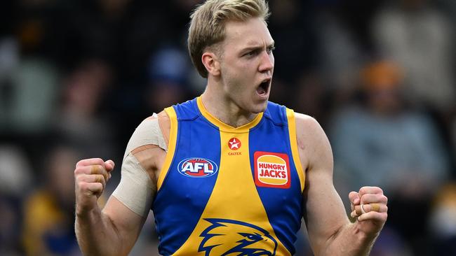 HOBART, AUSTRALIA - AUGUST 10: Oscar Allen of the Eagles celebrates a goal during the round 22 AFL match between North Melbourne Kangaroos and West Coast Eagles at Blundstone Arena, on August 10, 2024, in Hobart, Australia. (Photo by Steve Bell/Getty Images)