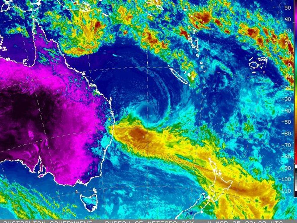 04/03/2025: Image taken from BOM satellite showing tropical cyclone Alfred approaching Queensland. 'False colour' layer illustrating temperature