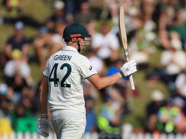 Australia's Cameron Green celebrates reaching his half-century. Picture: AFP