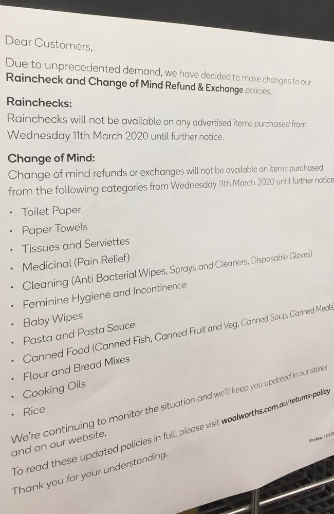 Panic buyers stockpiling toilet paper, baby wipes and other long-life necessities at Woolworths will not be allowed refunds. Picture: News Corp