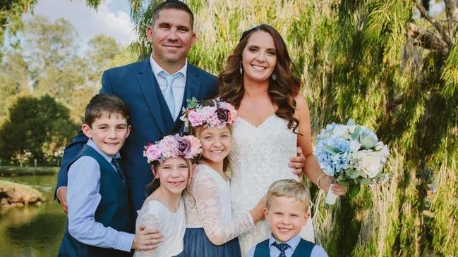 Steven and Kate Ball on their wedding day on October 20, 2018, with their children (from left) Cooper, Kaely, Summah and Nate. Photo: Sally Chilcott Photography