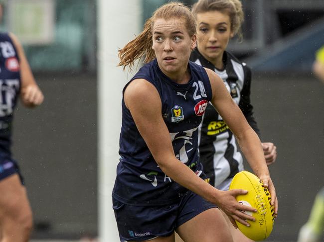 Launceston's Mia King gets another possession on her way to winning the best on ground award. Picture: LUKE BOWDEN