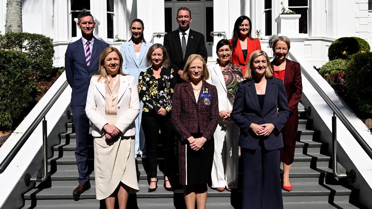 (Top L to R) Transport Minister Mark Bailey, Housing Minister Minister Meaghan Scanlon, Environment Minister Leanne Linard; (centre L to R) Attorney-General Yvette D’Ath, Arts Minister Leeanne Enoch, Employment Minister Di Farmer; (bottom L to R) Queensland Queensland Premier Annastacia Palaszczuk, Governor Dr Jeannette Young and Health Minister Shannon Fentiman during a swearing-in ceremony at Government House. Picture: Dan Peled / NCA NewsWire