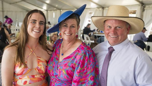 At the Clifton Races are (from left) Eliza, Kate and Joe Flynn, Saturday, October 28, 2023. Picture: Kevin Farmer