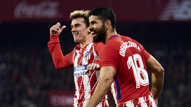 Antoine Griezmann and Diego Costa of Atletico Madrid celebrate