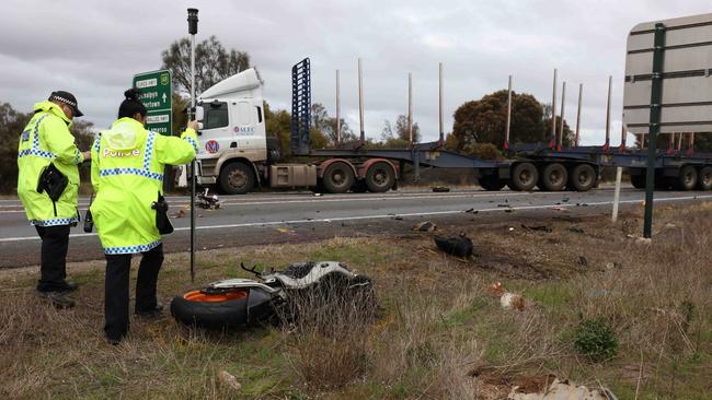 Major Crash investigators at the scene of a fatal crash between a truck and a motorcyclist on the Dukes Highway, near Tailem Bend. Picture: Emma Brasier