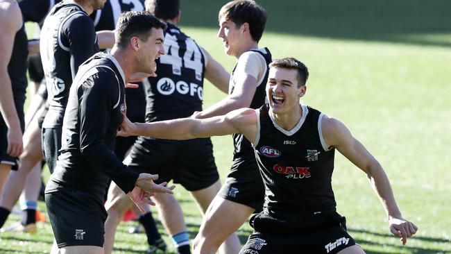 Port Training at Adelaide Oval. Tom Rockliff and Connor Rozee. Picture: SARAH REED