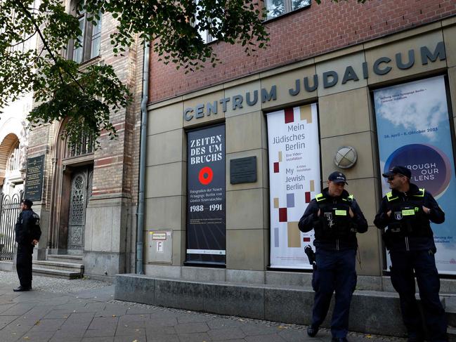 Policemen stand guard front of the New Synagogue and the Centrum Judaicum in Berlin. Picture: AFP