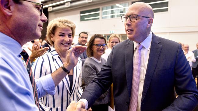 Peter Dutton with Nationals leader David Littleproud and Liberal senator Michaelia Cash during the campaign rally in Chisholm, Melbourne, on Sunday. Picture: AAP