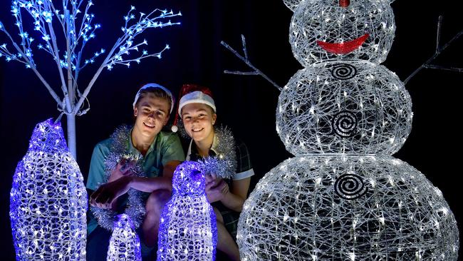 Students Rhys and Annaliese have a look at Westminster School’s Christmas light display. Picture: Keryn Stevens