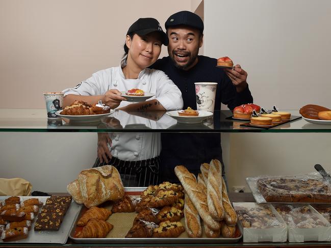 17/4/2020 - By Blackbird, which won a legion of fans at King William Rd, has reopened after a year hiatus - in Hutt St. Pastry chef Chakey Kim and her partner Jin Lim at their new shop. Photo - Naomi Jellicoe