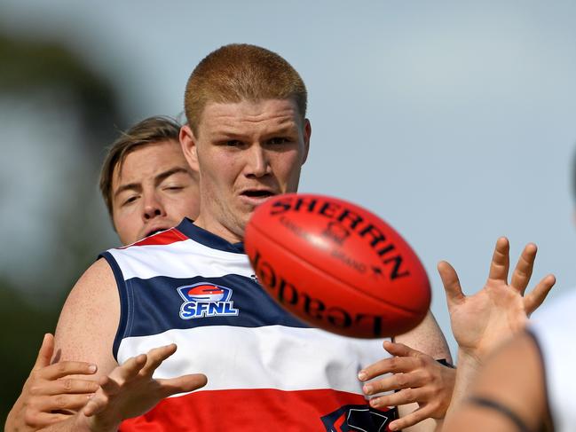 Macklin Raine in action during the Southern FNL football match between Highett and Oakleigh Districtin Highett, Saturday, April 6, 2019. Picture: Andy Brownbill