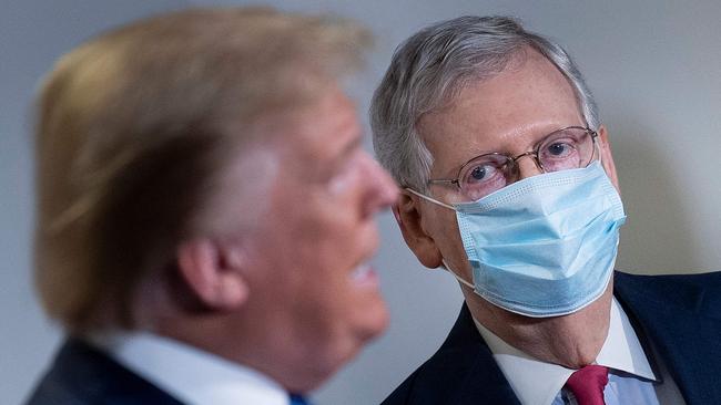 Donald Trump has labelled Republican leader Mitch McConnell a “dour, sullen and unsmiling political hack” in a dramatic escalation in the battle for the party’s future. Picture: AFP