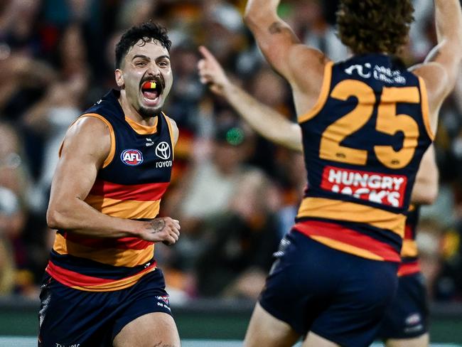 ADELAIDE, AUSTRALIA - MAY 03: Izak Rankine of the Crows   celebrates a goal during the round eight AFL match between Adelaide Crows and Carlton Blues at Adelaide Oval, on May 03, 2025, in Adelaide, Australia. (Photo by Mark Brake/Getty Images)