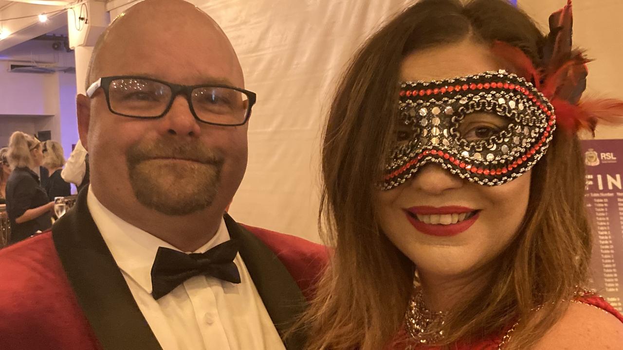 Bryan and Cheyenne Carter celebrate at the Gympie RSL Masked Ball, April 29 2023.