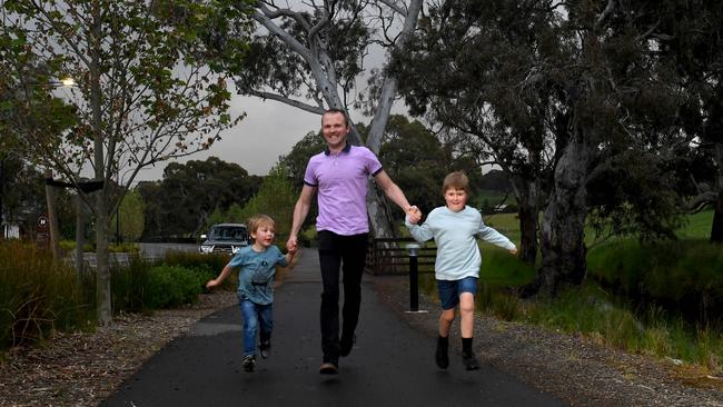 New Mt Barker residents Nathan Marshall with sons Tobias, 5 and Kirk, 7, enjoying the area’s open spaces. Picture: Tricia Watkinson