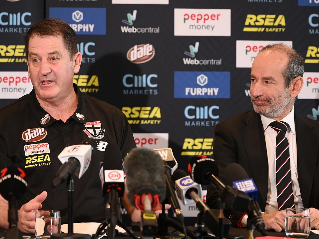 MELBOURNE, AUSTRALIA – OCTOBER 24: Ross Lyon the new coach of the Saints and club president Andrew Bassat speak to the media during a St Kilda Saints AFL press conference at RSEA Park on October 24, 2022 in Melbourne, Australia. (Photo by Quinn Rooney/Getty Images)